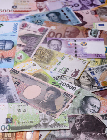 Paper money, banknotes of different countries in several denominations as a business background. Paper money and cash as a financial background for your design.の写真素材