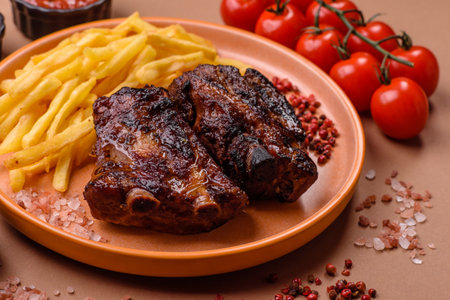 Grilled or barbecued pork ribs with sauce. Grilled ribs as a food background for your design.
