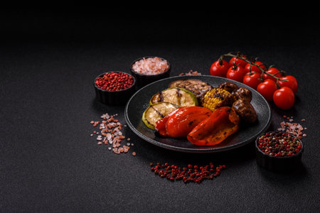 Grilled vegetables, bell peppers, mushrooms, and zucchini, a vegetarian healthy meal. Grilled vegetables on a plate as a food background for your design.の写真素材