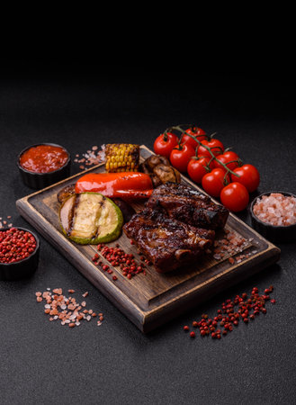 Grilled or barbecued pork ribs with sauce. Grilled ribs as a food background for your design.
