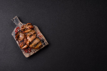Chicken breast cooked on a grill or barbecue with sauce. Grilled chicken as a food backdrop for your designの写真素材