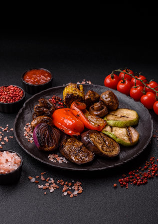Grilled vegetables, bell peppers, mushrooms, and zucchini, a vegetarian healthy meal with sauce. Grilled vegetables on a plate as a food background for your design.の写真素材