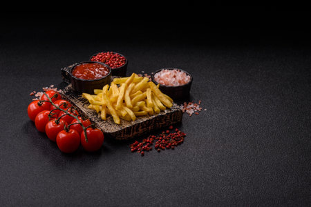 French fries cooked in oil with sauce, crispy golden chips, unhealthy food. French fries as a food background for your designの写真素材