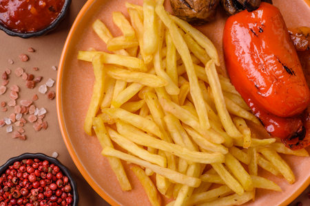 French fries cooked in oil with sauce, crispy golden chips. French fries as a food background for...