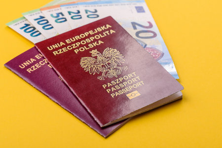 Poland passport for traveling, flying and doing business. Polish document, id for crossing the borderの写真素材