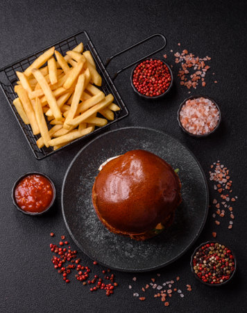 A burger, a hamburger with cheese, beef, and a bun, is takeaway food. A burger or cheeseburger as a...