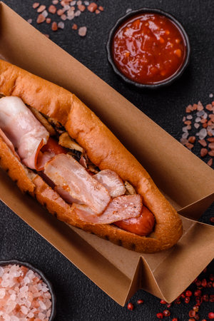 A hot dog with sausage, bacon, sauces, and a bun. A hot dog with bacon as a food background for your design.の写真素材