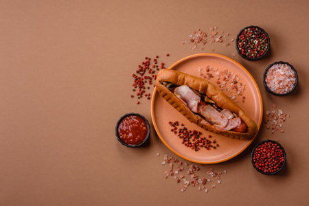 A hot dog with sausage, sauces, and a bun, takeaway food. A hot dog as a food background for your design.の写真素材