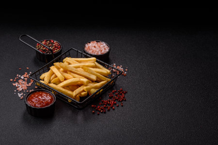 French fries are salty, crispy, and fried in oil, unhealthy takeaway food. French fries as a food...