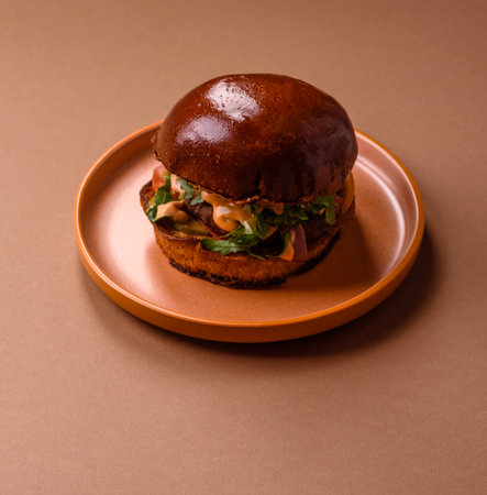 A burger, a hamburger with cheese, beef, and a bun, is takeaway food. A burger or cheeseburger as a food background for your design.の写真素材