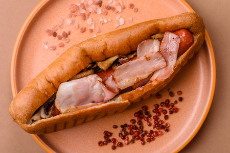 A hot dog with sausage, bacon, sauces, and a bun. A hot dog with bacon as a food background for your design.の写真素材