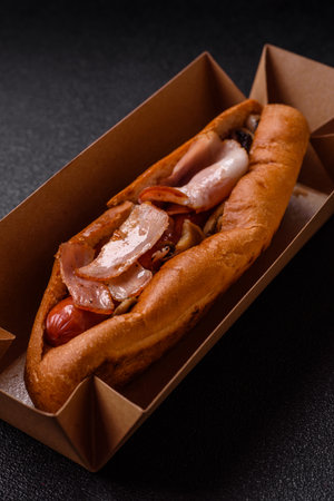 A hot dog with sausage, bacon, sauces, and a bun. A hot dog with bacon as a food background for your design.の写真素材