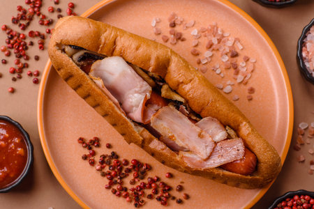 A hot dog with sausage, bacon, sauces, and a bun. A hot dog with bacon as a food background for your design.の写真素材