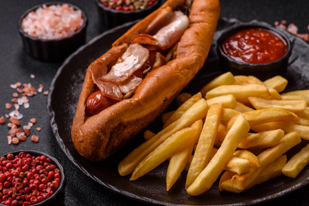 French fries are salty, crispy, and fried in oil, takeaway food. French fries as a food backdrop for your design.の写真素材