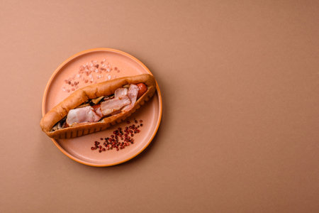 A hot dog with sausage, bacon, sauces, and a bun. A hot dog with bacon as a food background for your design.の写真素材