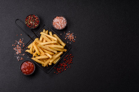 French fries are salty, crispy, and fried in oil, unhealthy takeaway food. French fries as a food...