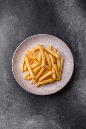 French fries are salty, crispy, and fried in oil, takeaway food. French fries as a food backdrop for your design.の写真素材