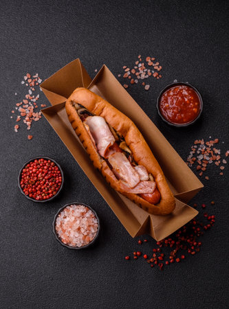A hot dog with sausage, bacon, sauces, and a bun. A hot dog with bacon as a food background for your design.の写真素材