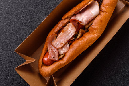 A hot dog with sausage, bacon, sauces, and a bun. A hot dog with bacon as a food background for your design.の写真素材