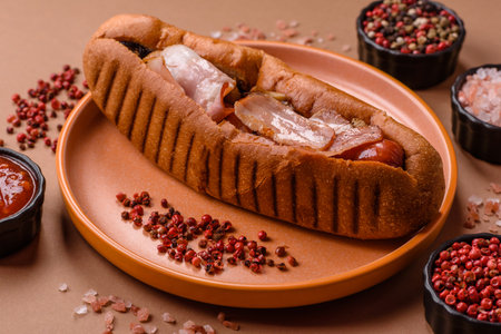 A hot dog with sausage, bacon, sauces, and a bun. A hot dog with bacon as a food background for your design.の写真素材