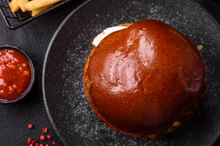 A burger, a hamburger with cheese, beef, and a bun, is takeaway food. A burger or cheeseburger as a food background for your design.の写真素材