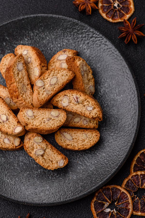Italian cantuccini cookies with almonds, a sweet biscuit dessert. Cantuccini cookies as a food backdrop for your designの写真素材