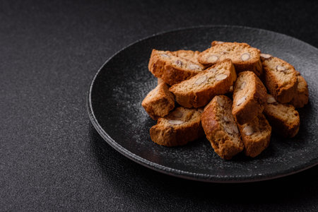 Italian cantuccini cookies with almonds, a sweet biscuit dessert. Cantuccini cookies as a food backdrop for your designの写真素材