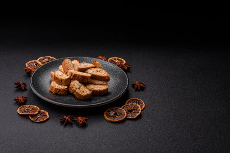 Italian cantuccini cookies with almonds, a sweet biscuit dessert. Cantuccini cookies as a food backdrop for your designの写真素材