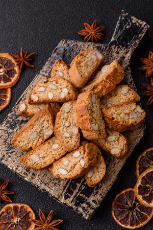 Italian cantuccini cookies with almonds, a sweet biscuit dessert. Cantuccini cookies as a food backdrop for your designの写真素材