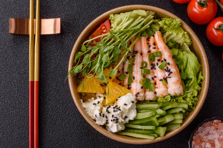 A prawn or shrimp bowl with rice, tomatoes, sauce, and vegetables, Asian food. Prawn or shrimp as a food background for your design.の写真素材