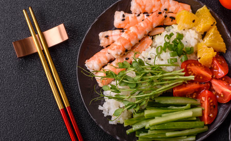 A prawn or shrimp bowl with rice, tomatoes, sauce, and vegetables, Asian food. Prawn or shrimp as a...