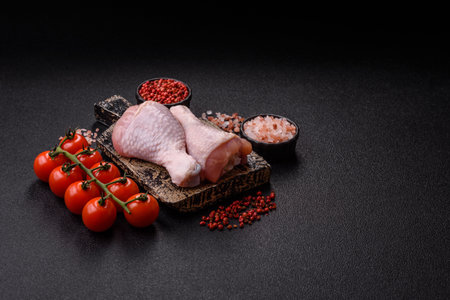Raw poultry meat on the bone for barbecue. Poultry legs as a food background for your designの写真素材