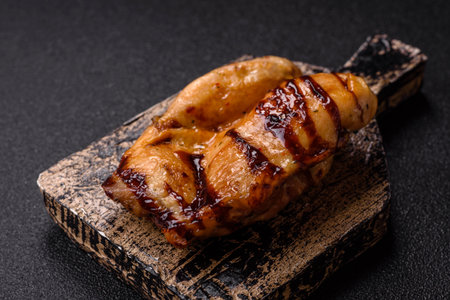 Grilled boneless chicken legs baked on the barbecue for lunch. Grilled chicken as a food background for your design.の写真素材