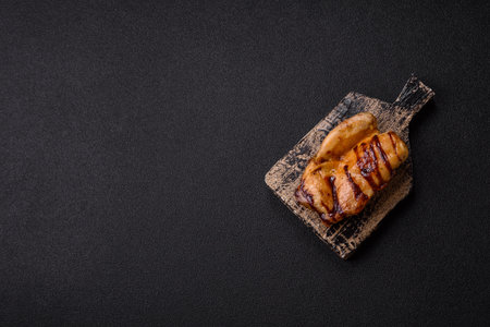 Grilled boneless chicken legs baked on the barbecue for lunch. Grilled chicken as a food background...