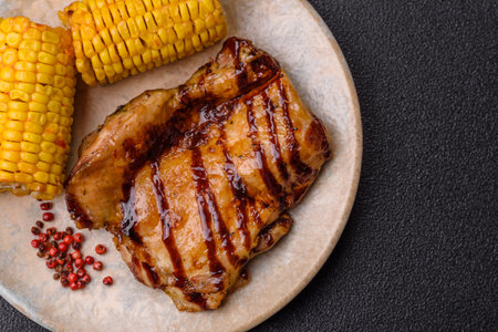 Grilled boneless chicken legs baked on the barbecue for lunch. Grilled chicken as a food background for your design.の写真素材