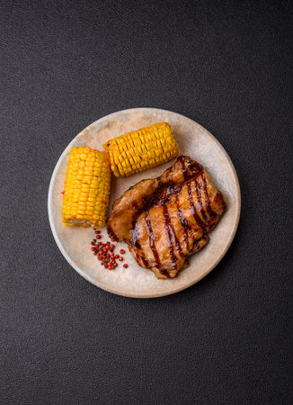 Grilled boneless chicken legs baked on the barbecue for lunch. Grilled chicken as a food background for your design.の写真素材