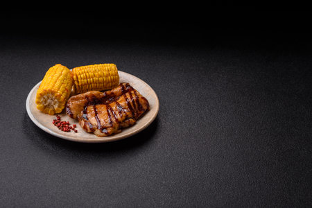 Grilled boneless chicken legs on the barbecue for lunch. Grilled chicken as a food background for your design.の写真素材