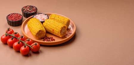 Corn cob cooked in chunks, vegetables, healthy vegetarian food. Boiled corn as a food background for your designの写真素材