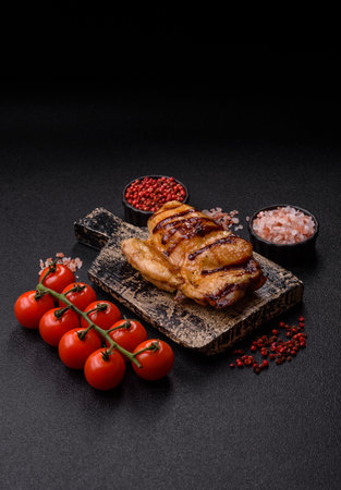 Grilled boneless chicken legs baked on the barbecue for lunch. Grilled chicken as a food background for your design.の写真素材