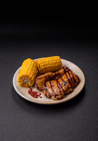 Grilled boneless chicken legs baked on the barbecue for lunch. Grilled chicken as a food background for your design.の写真素材