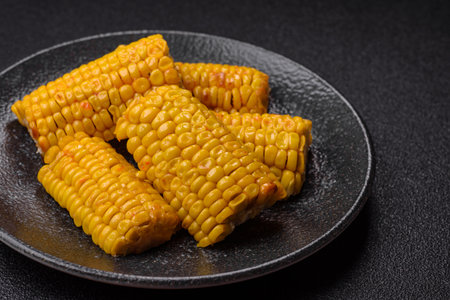 Corn cob cooked in chunks, vegetables, healthy vegetarian food. Boiled corn as a food background for your designの写真素材