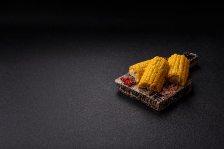 Corn cob cooked in chunks, vegetables, healthy vegetarian food. Boiled corn as a food background for your designの写真素材