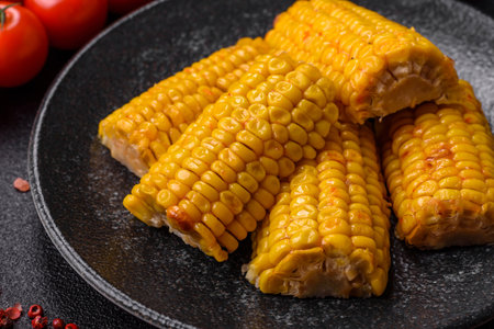 Corn cob cooked in chunks, vegetables, healthy vegetarian food. Boiled corn as a food background for your designの写真素材