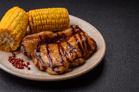 Grilled boneless chicken legs baked on the barbecue for lunch. Grilled chicken as a food background for your design.の写真素材