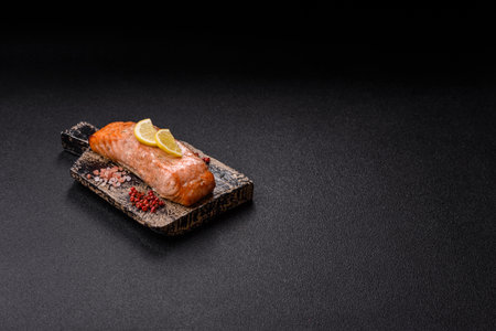 Fish, grilled salmon fillet, healthy food, seafood. Grilled salmon fillet as a background for your designの写真素材