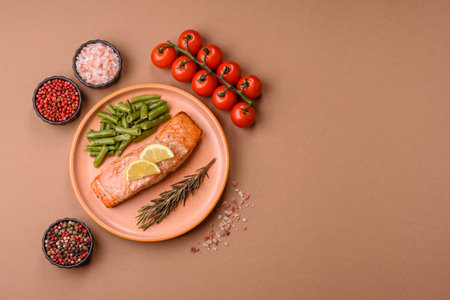 Fish, grilled salmon fillet, healthy food, seafood. Grilled salmon fillet as a background for your designの写真素材