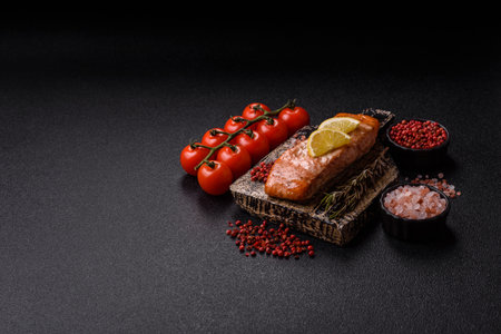 Fish, grilled salmon fillet, healthy food, seafood. Grilled salmon fillet as a background for your designの写真素材