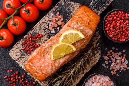 Fish, grilled salmon fillet, healthy food, seafood. Grilled salmon fillet as a background for your designの写真素材