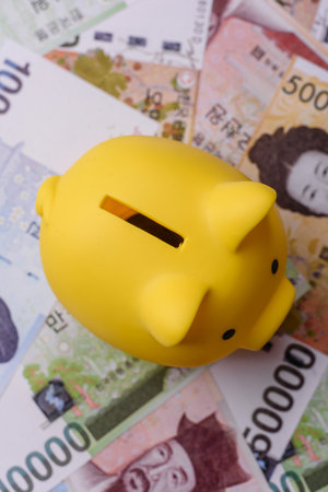 Korean paper money, won, and cash banknotes for financial and business transactions. Korean money as a background for your designの写真素材