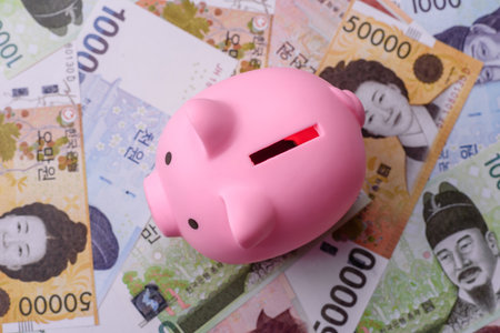 Korean paper money, won, and cash banknotes for financial and business transactions. Korean money as a background for your designの写真素材